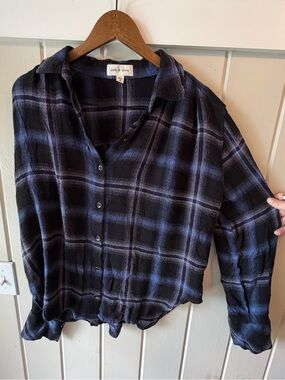 cloth & stone Black & Navy Plaid Shirt, Lightweight Flannel, Size Medium